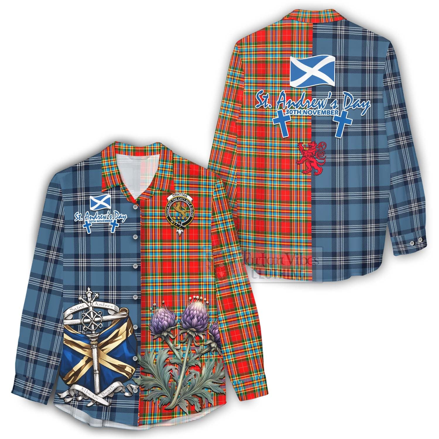 Tartan Vibes Clothing Chattan Tartan Women's Casual Shirt Happy St. Andrew's Day Half Tartan Style