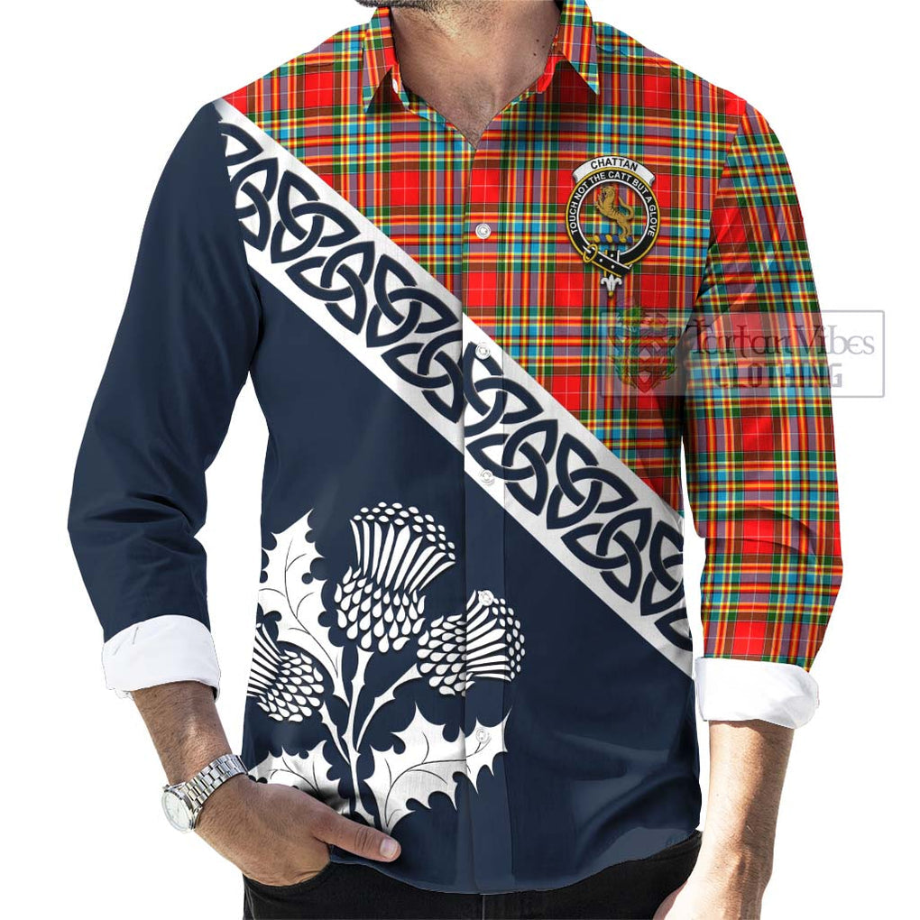 Tartan Vibes Clothing Chattan Tartan Long Sleeve Button Shirt Featuring Thistle and Scotland Map