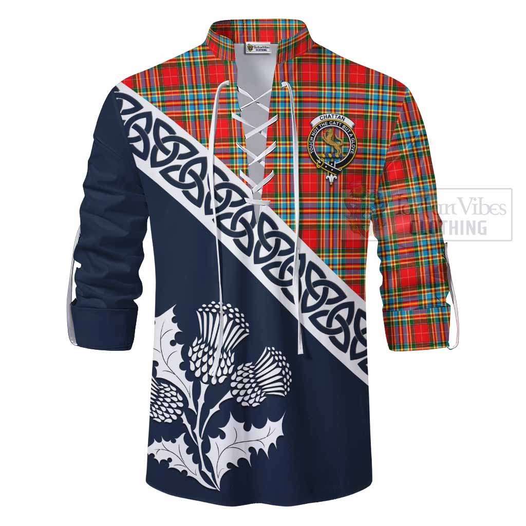 Tartan Vibes Clothing Chattan Tartan Ghillie Kilt Shirt Featuring Thistle and Scotland Map