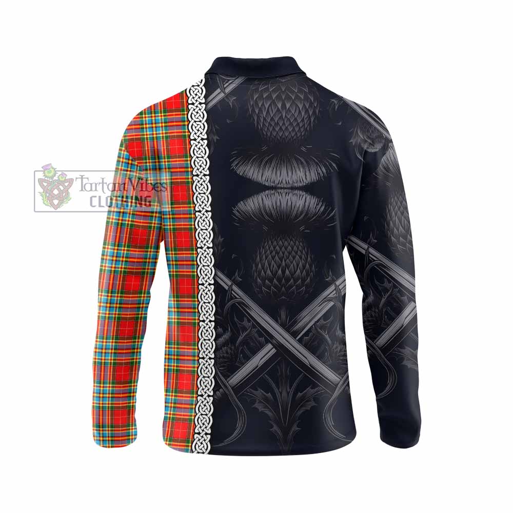 Tartan Vibes Clothing Chattan Tartan Long Sleeve Polo Shirt with Family Crest Cross Sword Thistle Celtic Vibes