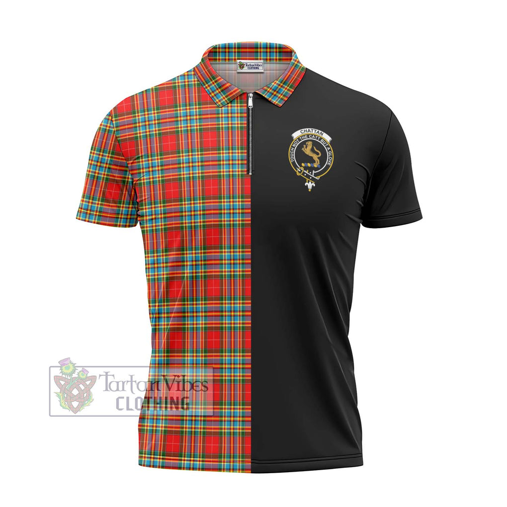 Chattan Tartan Zipper Polo Shirt with Family Crest and Half Of Me Style - Tartanvibesclothing Shop