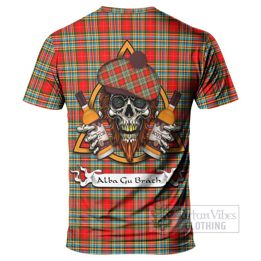 Tartan Vibes Clothing Chattan Tartan T-Shirt with Family Crest and Bearded Skull Holding Bottles of Whiskey