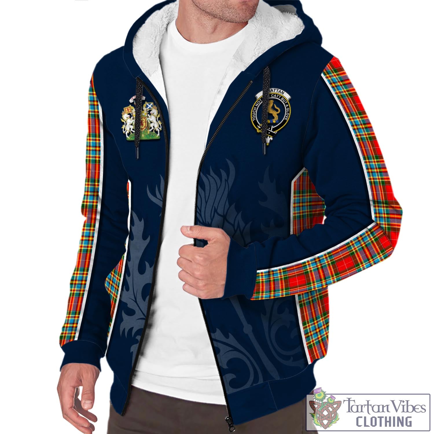 Tartan Vibes Clothing Chattan Tartan Sherpa Hoodie with Family Crest and Scottish Thistle Vibes Sport Style