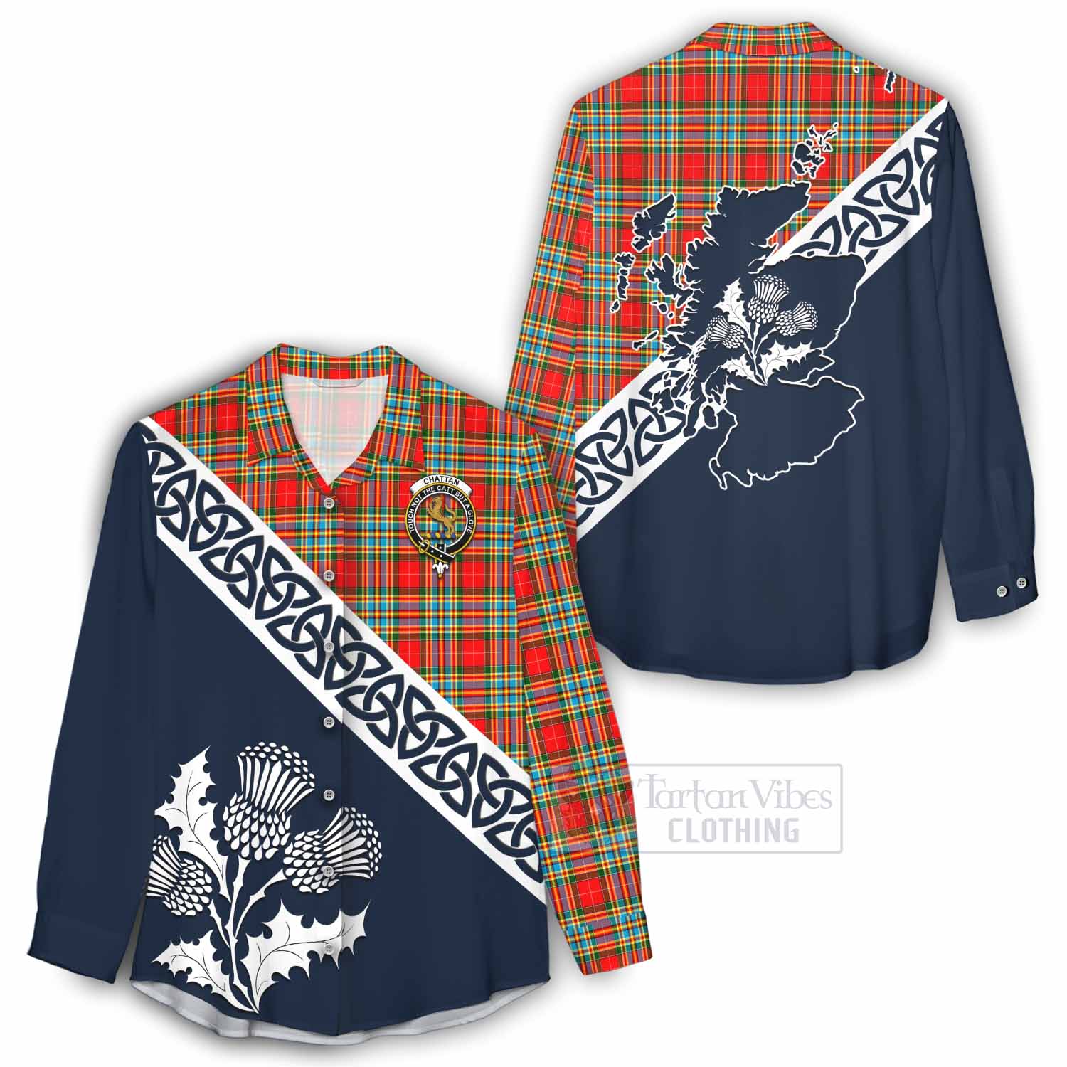 Tartan Vibes Clothing Chattan Tartan Women's Casual Shirt Featuring Thistle and Scotland Map