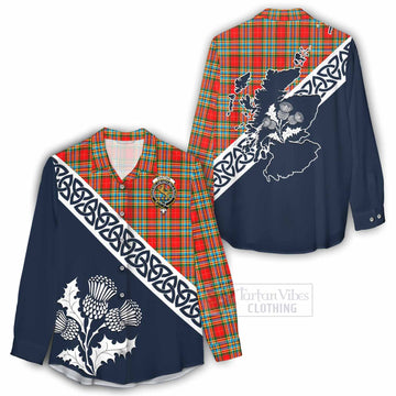 Chattan Tartan Women's Casual Shirt Featuring Thistle and Scotland Map