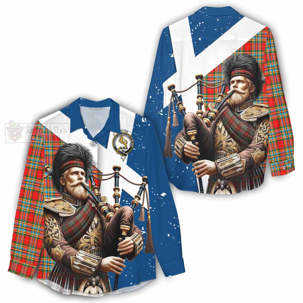 Tartan Vibes Clothing Chattan Tartan Women's Casual Shirt with Family Crest Scottish Bagpiper Vibes