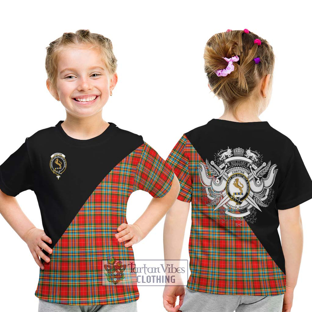 Chattan Tartan Kid T-Shirt with Family Crest and Military Logo Style - Tartanvibesclothing Shop