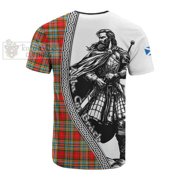 Chattan Tartan Clan Crest Cotton T-shirt with Highlander Warrior Celtic Style