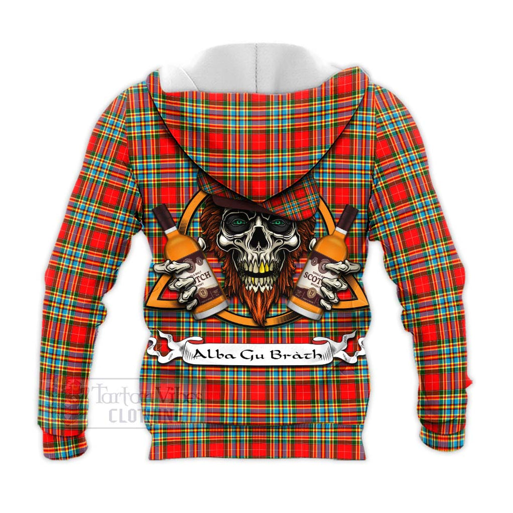 Tartan Vibes Clothing Chattan Tartan Knitted Hoodie with Family Crest and Bearded Skull Holding Bottles of Whiskey