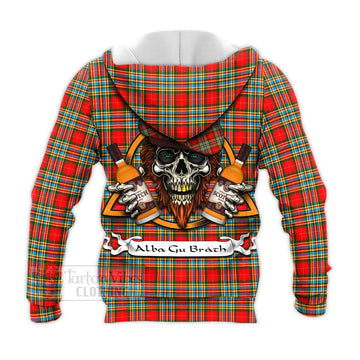 Chattan Tartan Knitted Hoodie with Family Crest and Bearded Skull Holding Bottles of Whiskey