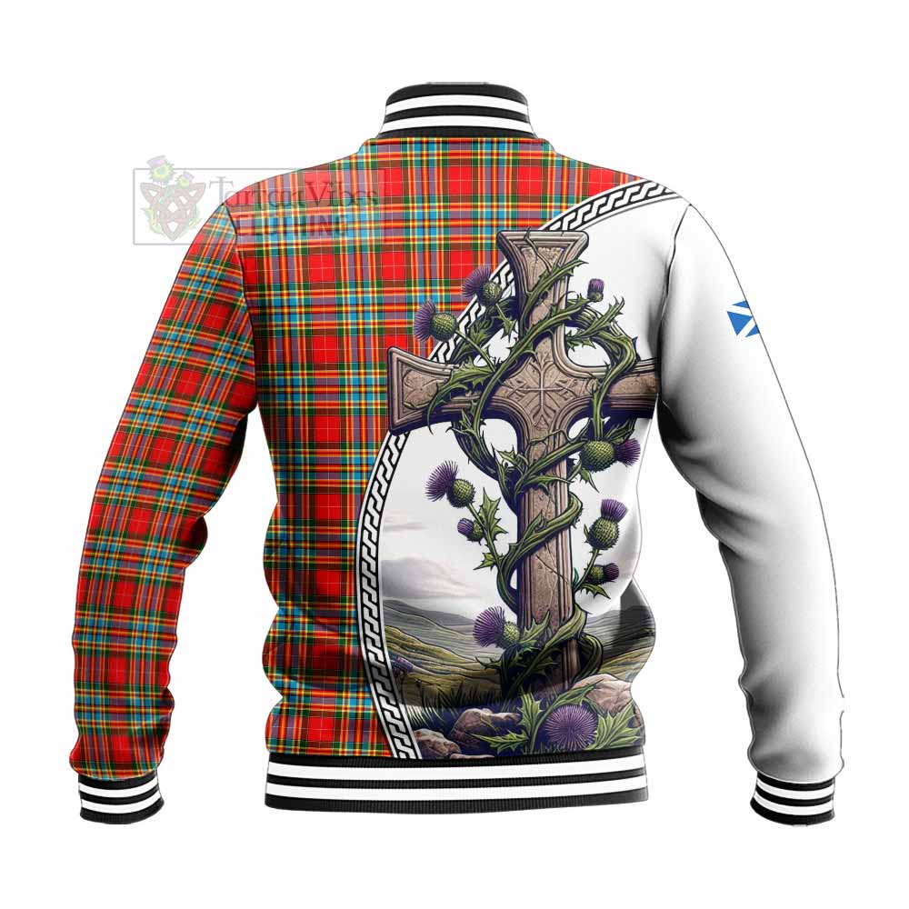 Tartan Vibes Clothing Chattan Tartan Baseball Jacket with Family Crest and St. Andrew's Cross Accented by Thistle Vines