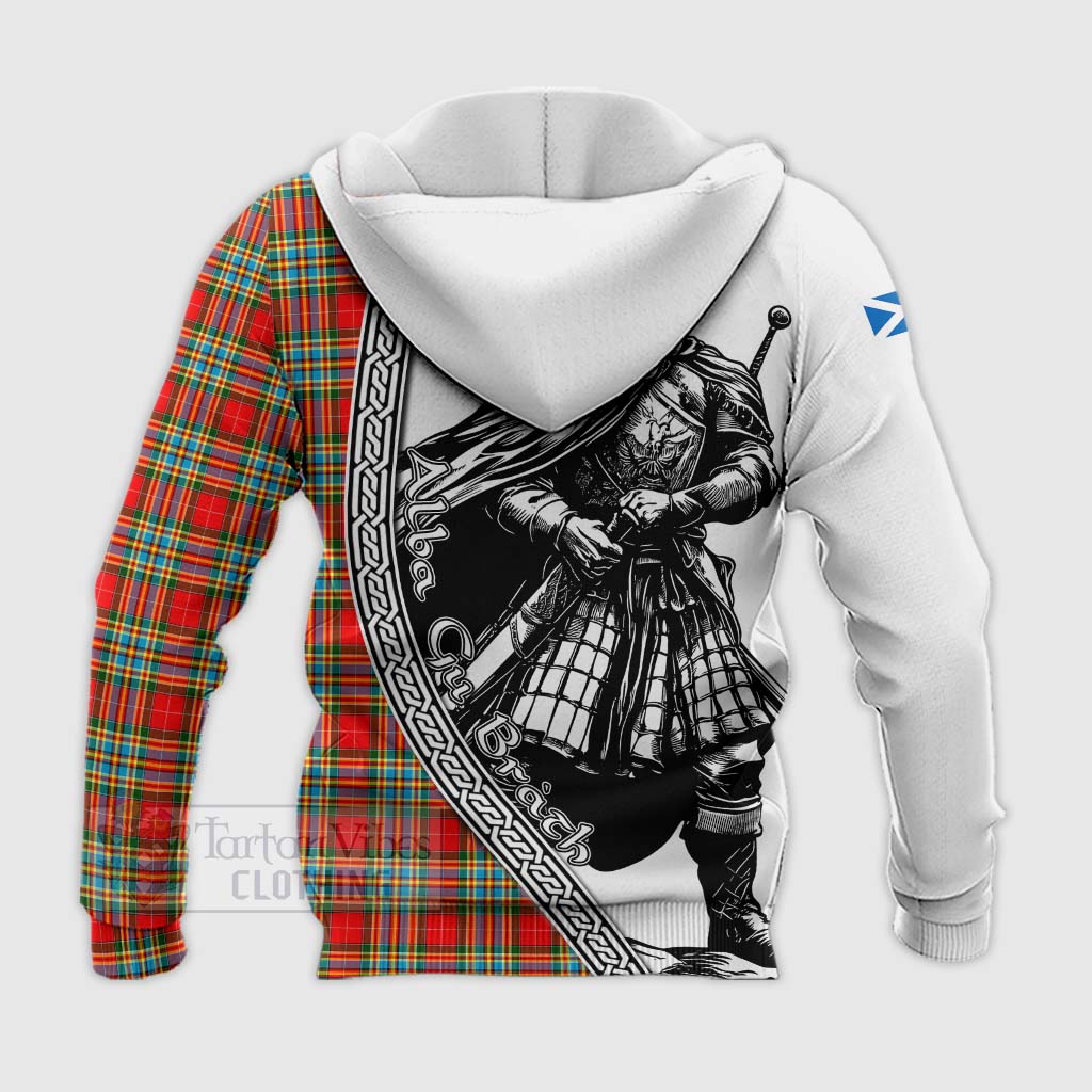 Tartan Vibes Clothing Chattan Tartan Clan Crest Knitted Hoodie with Highlander Warrior Celtic Style