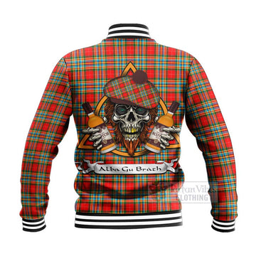 Chattan Tartan Baseball Jacket with Family Crest and Bearded Skull Holding Bottles of Whiskey