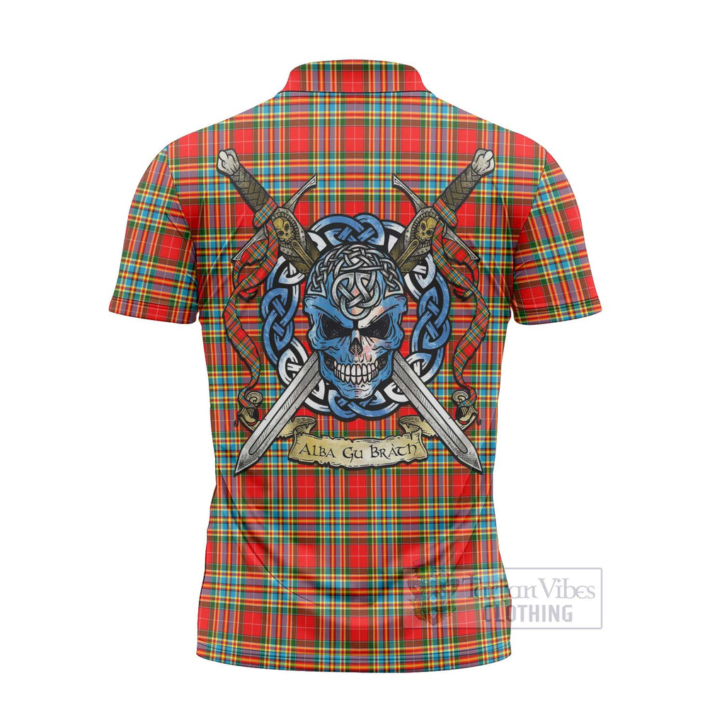 Tartan Vibes Clothing Chattan Tartan Zipper Polo Shirt with Family Crest Celtic Skull Style