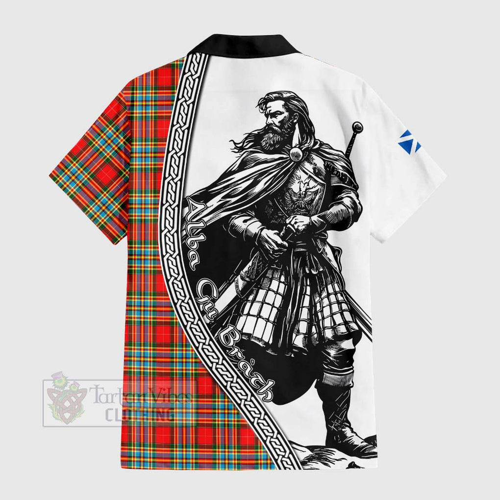 Tartan Vibes Clothing Chattan Tartan Clan Crest Short Sleeve Button Shirt with Highlander Warrior Celtic Style