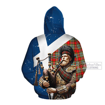 Chattan Tartan Cotton Hoodie with Family Crest Scottish Bagpiper Vibes