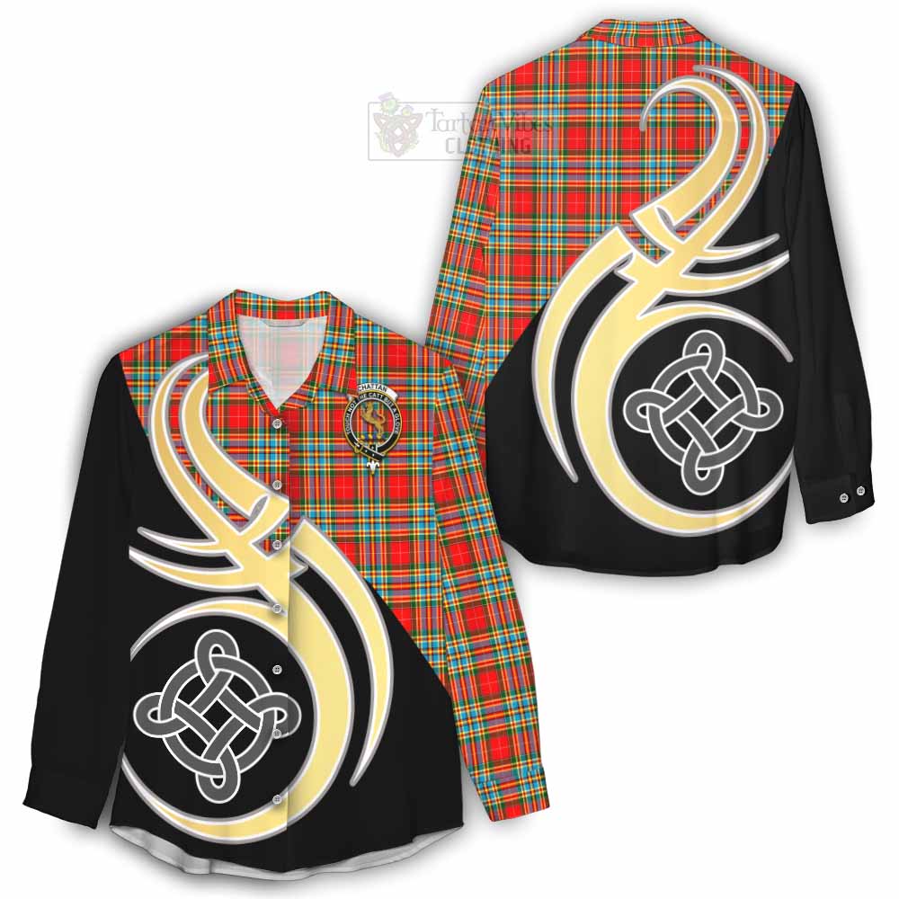 Tartan Vibes Clothing Chattan Tartan Women's Casual Shirt with Family Crest and Celtic Symbol Style