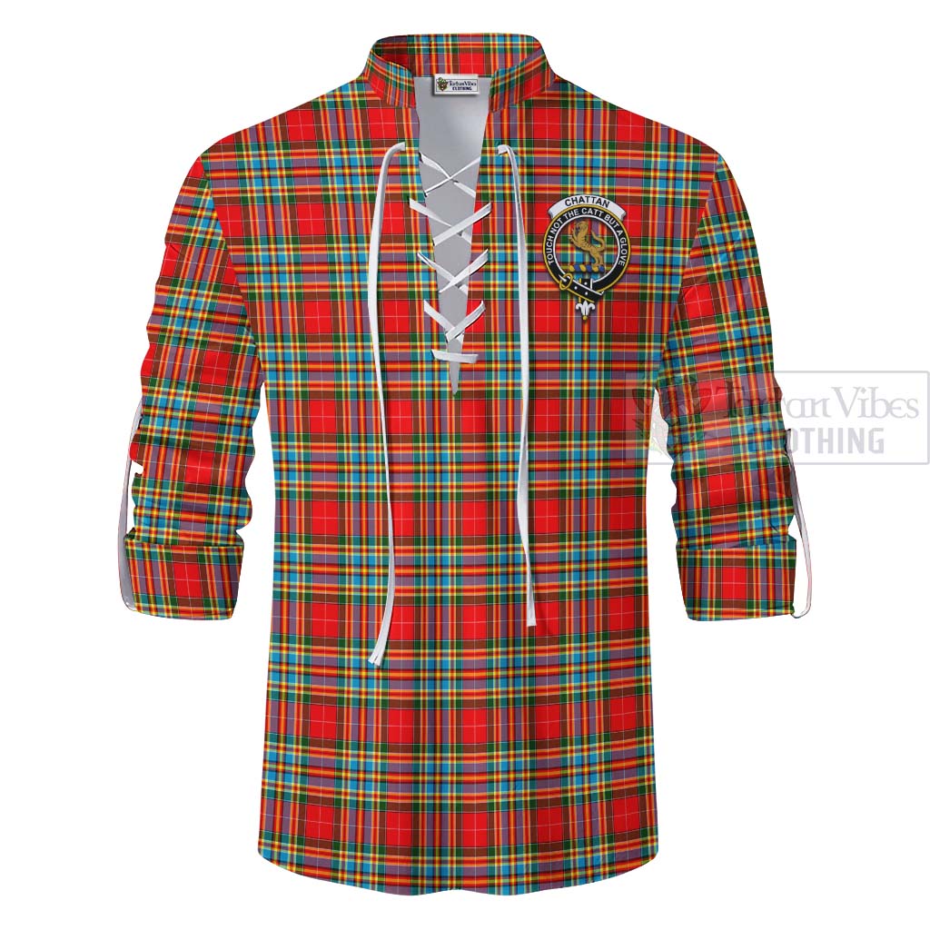 Tartan Vibes Clothing Chattan Tartan Ghillie Kilt Shirt with Family Crest and Bearded Skull Holding Bottles of Whiskey