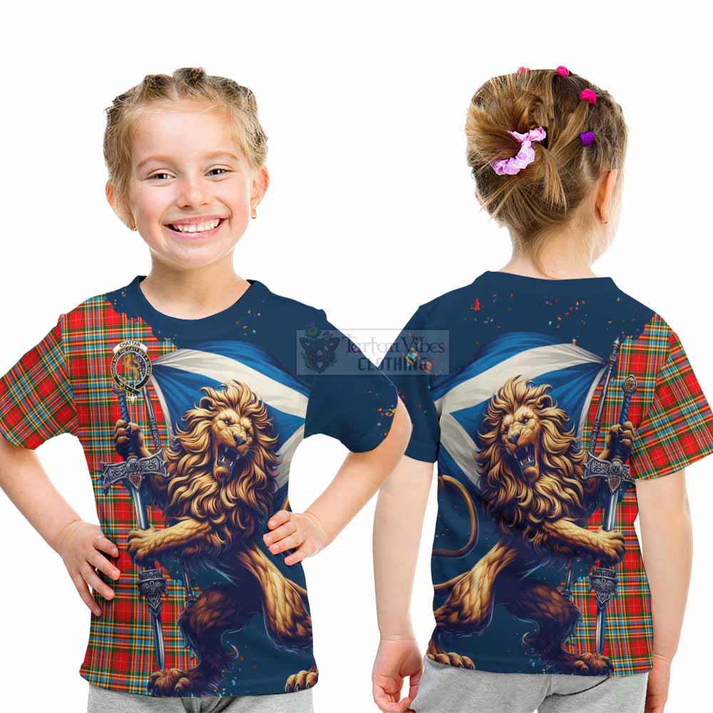 Tartan Vibes Clothing Chattan Tartan Family Crest Kid T-Shirt with Scottish Majestic Lion