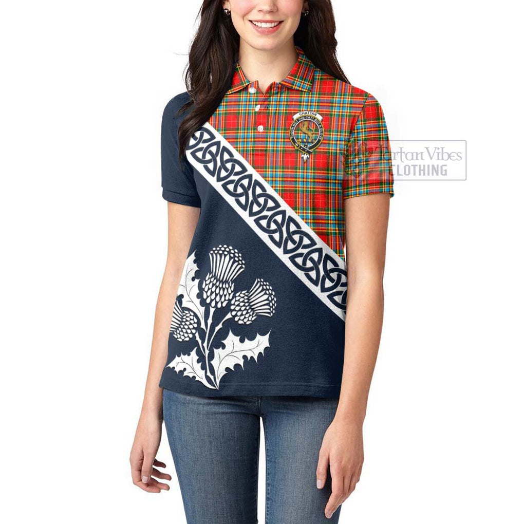 Tartan Vibes Clothing Chattan Tartan Women's Polo Shirt Featuring Thistle and Scotland Map