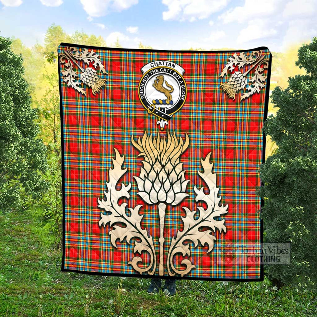 Tartan Vibes Clothing Chattan Tartan Quilt with Family Crest and Golden Thistle Style