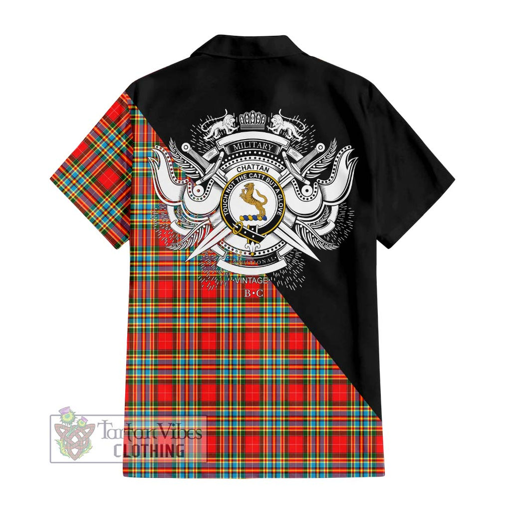 Chattan Tartan Short Sleeve Button Shirt with Family Crest and Military Logo Style - Tartanvibesclothing Shop