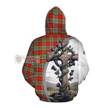 Chattan Tartan Cotton Hoodie with Family Crest and St. Andrew's Cross Accented by Thistle Vines