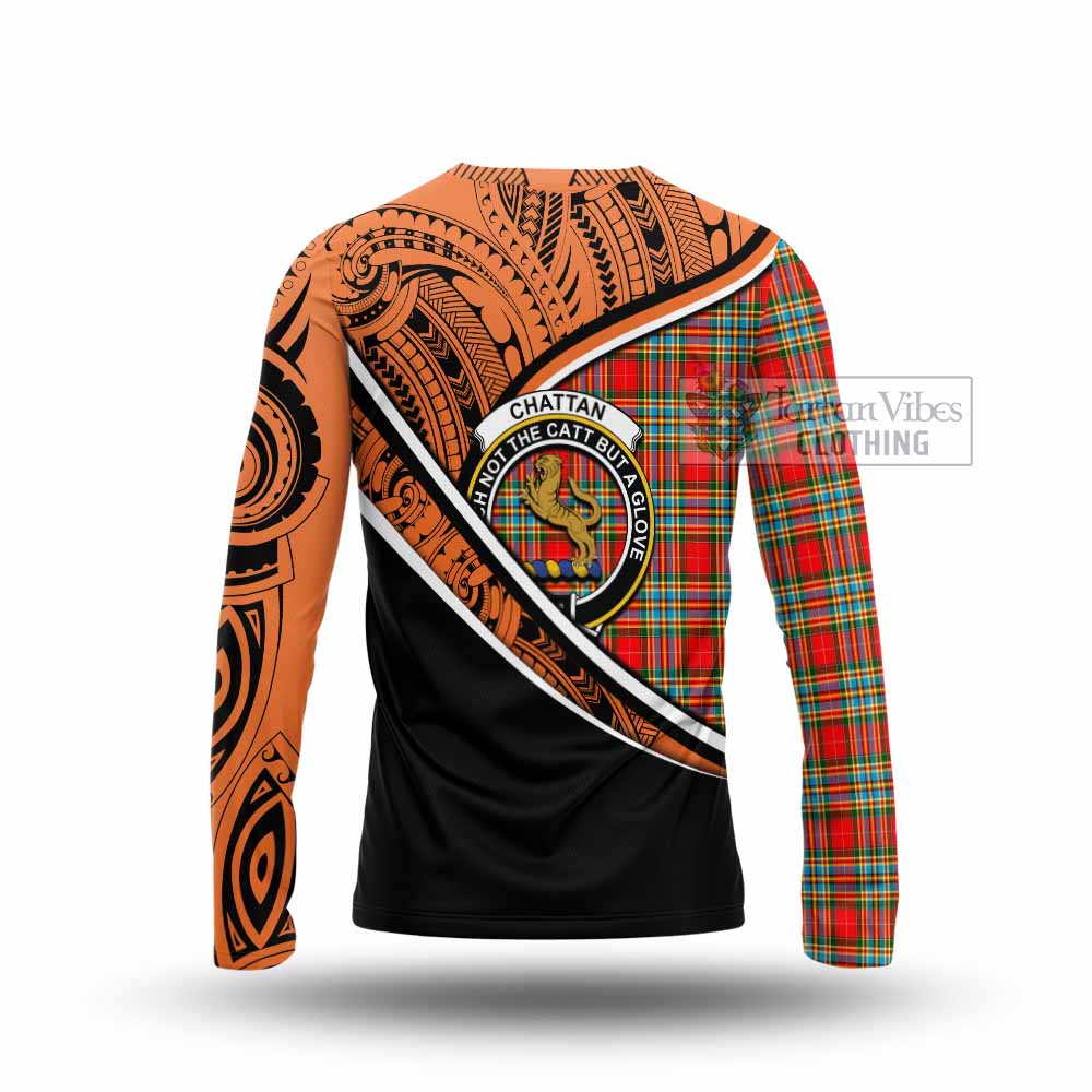 Tartan Vibes Clothing Chattan Crest Tartan Long Sleeve T-Shirt with Maori Tattoo Style - Orange Version