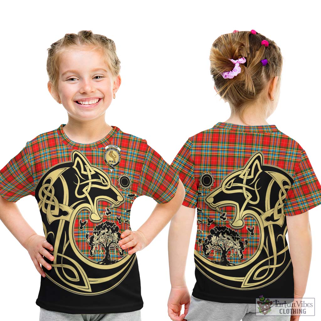 Tartan Vibes Clothing Chattan Tartan Kid T-Shirt with Family Crest Celtic Wolf Style