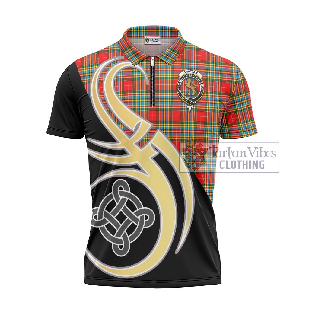 Tartan Vibes Clothing Chattan Tartan Zipper Polo Shirt with Family Crest and Celtic Symbol Style