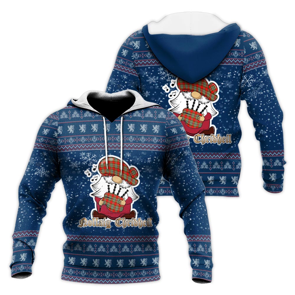Chattan Clan Christmas Knitted Hoodie with Funny Gnome Playing Bagpipes Blue - Tartanvibesclothing