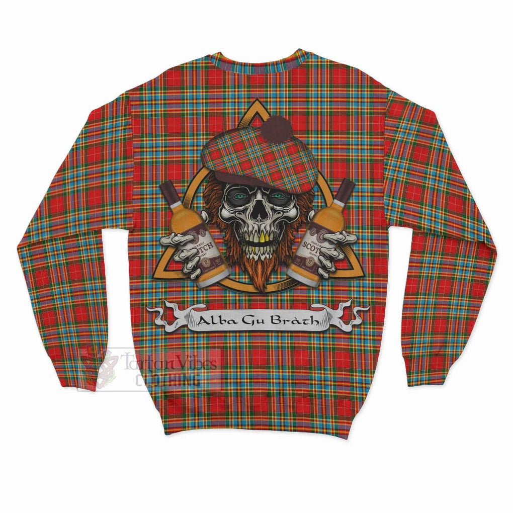 Tartan Vibes Clothing Chattan Tartan Sweatshirt with Family Crest and Bearded Skull Holding Bottles of Whiskey