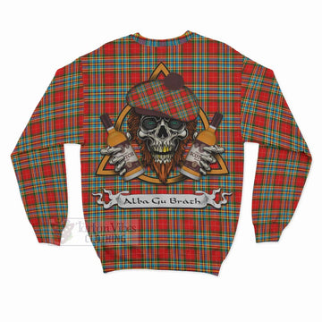 Chattan Tartan Sweatshirt with Family Crest and Bearded Skull Holding Bottles of Whiskey