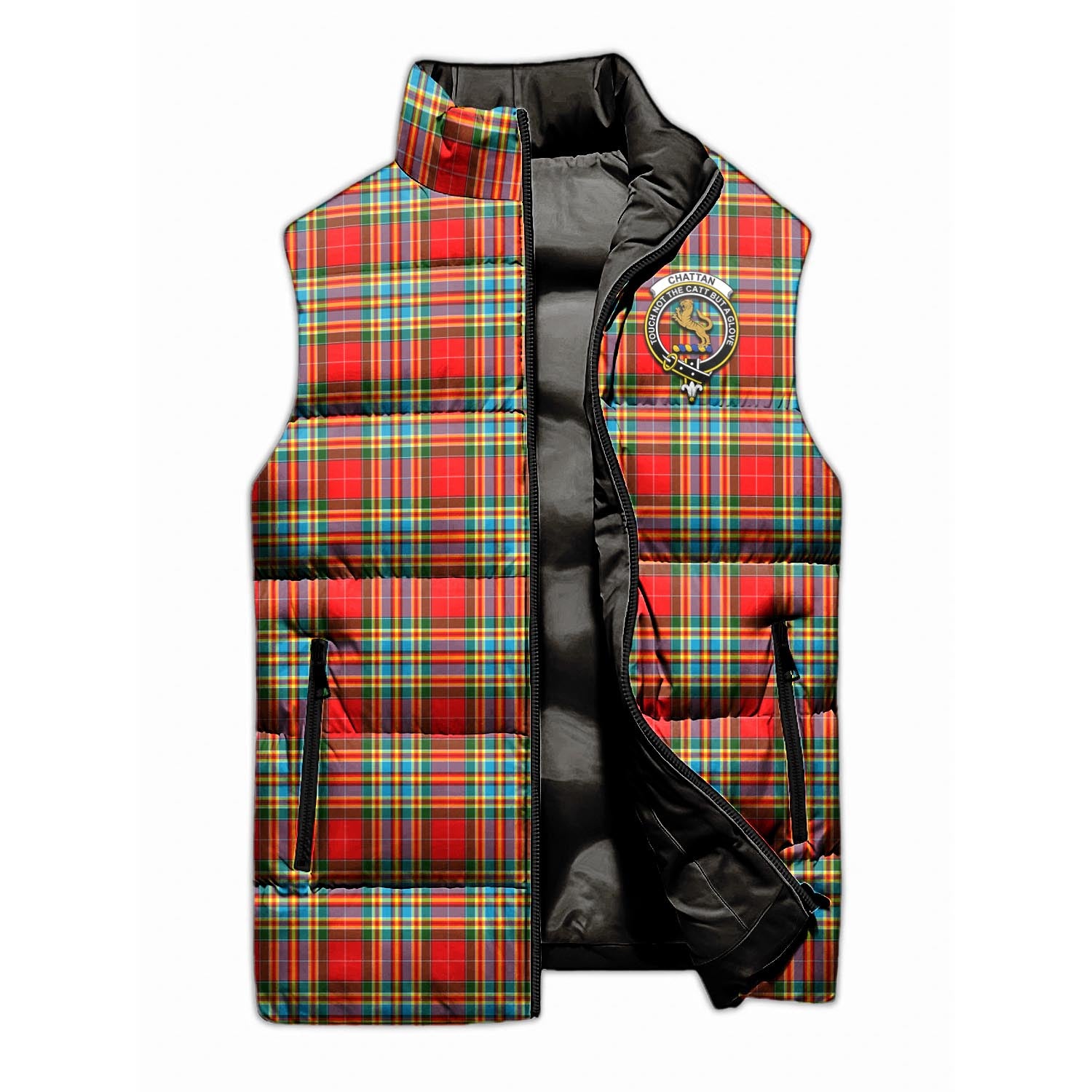 Chattan Tartan Sleeveless Puffer Jacket with Family Crest - Tartanvibesclothing