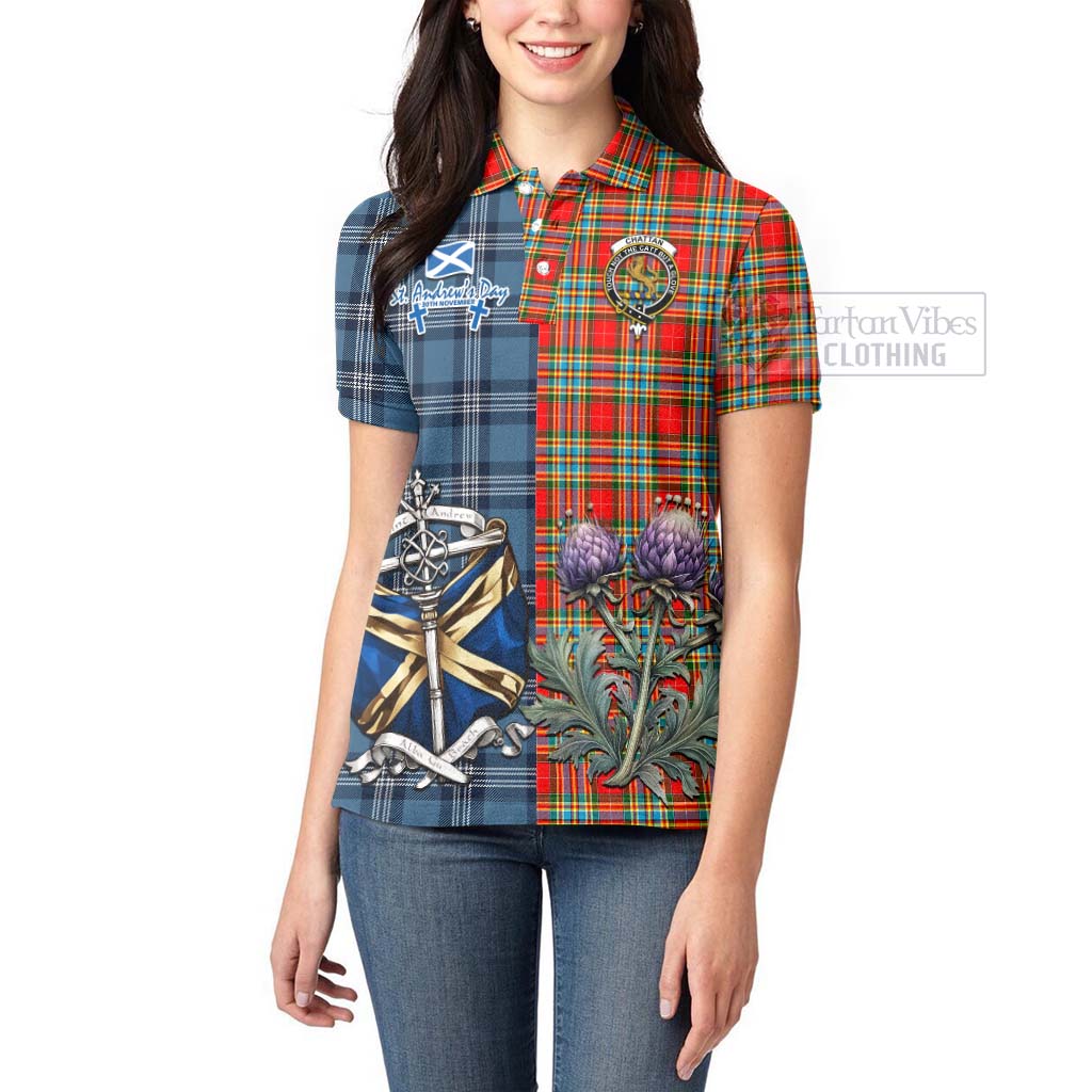 Tartan Vibes Clothing Chattan Tartan Women's Polo Shirt Happy St. Andrew's Day Half Tartan Style