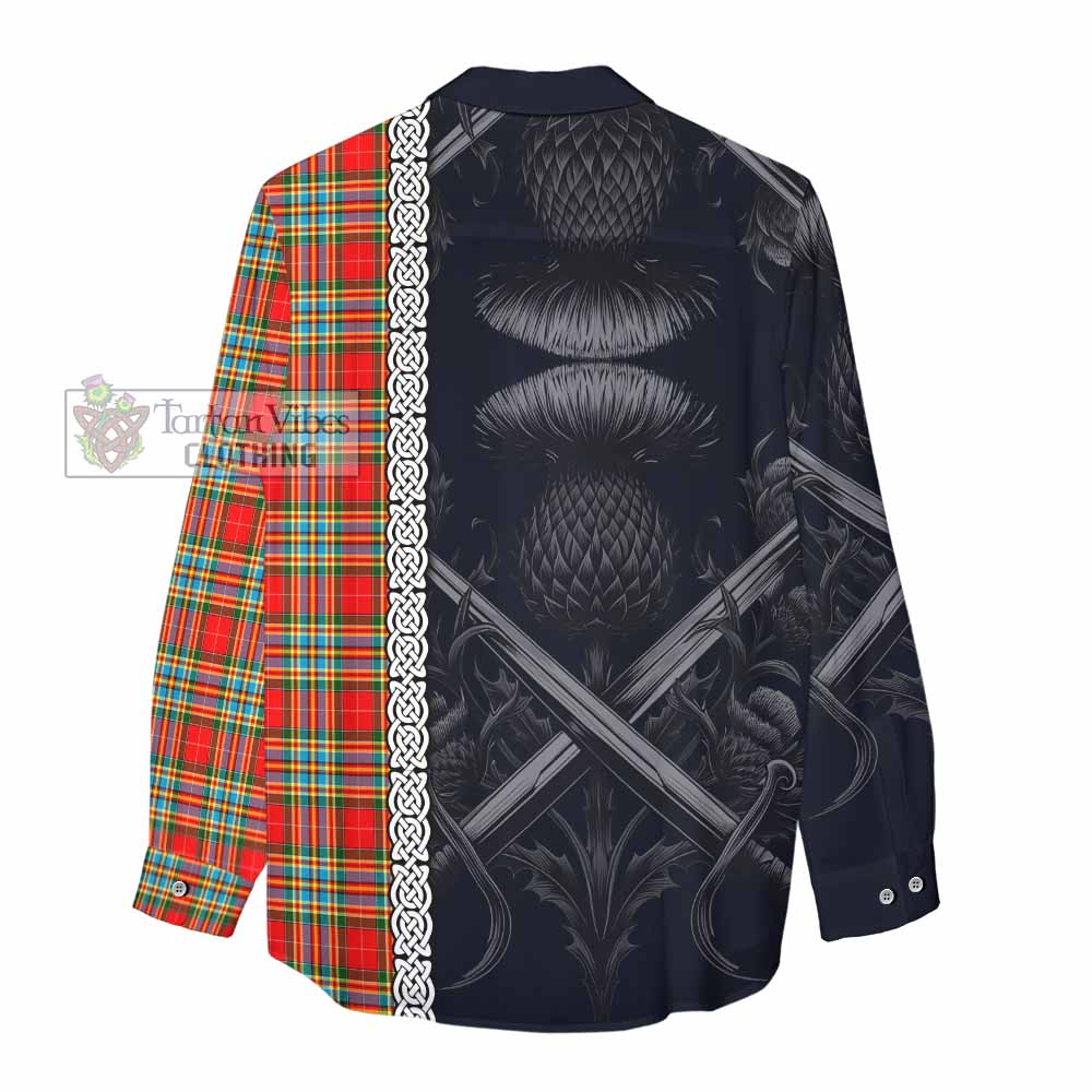 Tartan Vibes Clothing Chattan Tartan Women's Casual Shirt with Family Crest Cross Sword Thistle Celtic Vibes