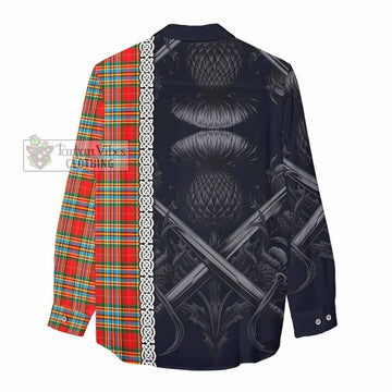 Chattan Tartan Women's Casual Shirt with Family Crest Cross Sword Thistle Celtic Vibes