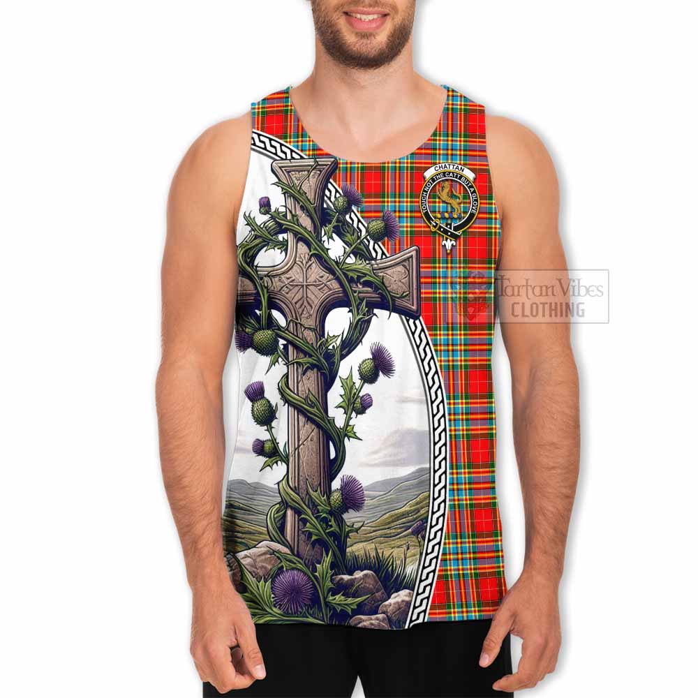 Tartan Vibes Clothing Chattan Tartan Men's Tank Top with Family Crest and St. Andrew's Cross Accented by Thistle Vines