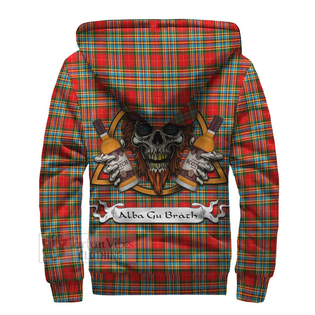 Tartan Vibes Clothing Chattan Tartan Sherpa Hoodie with Family Crest and Bearded Skull Holding Bottles of Whiskey