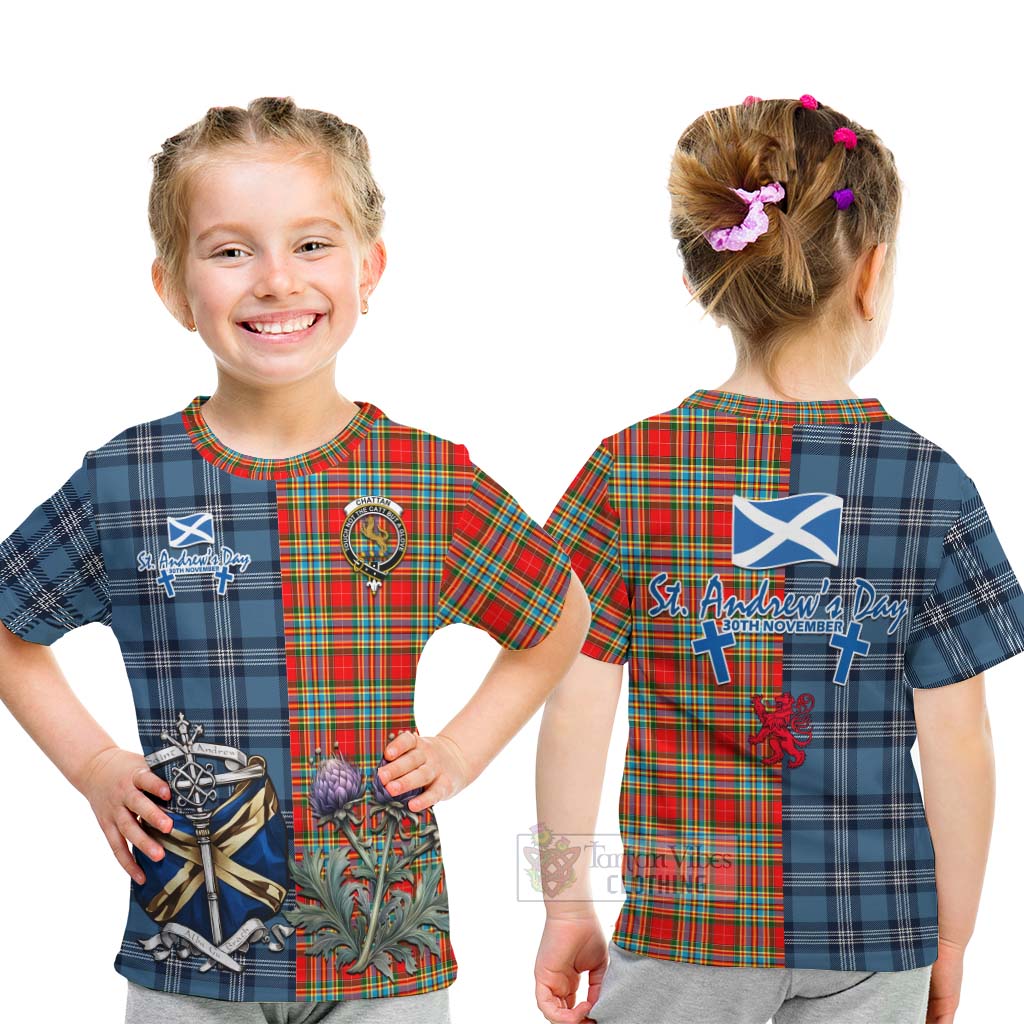 Tartan Vibes Clothing Chattan Tartan Kid T-Shirt Happy St. Andrew's Day Half Tartan Style