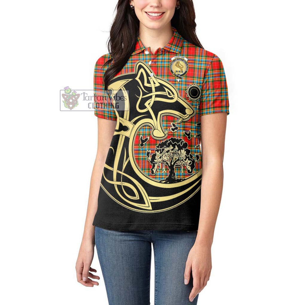 Chattan Tartan Women's Polo Shirt with Family Crest Celtic Wolf Style - Tartanvibesclothing Shop