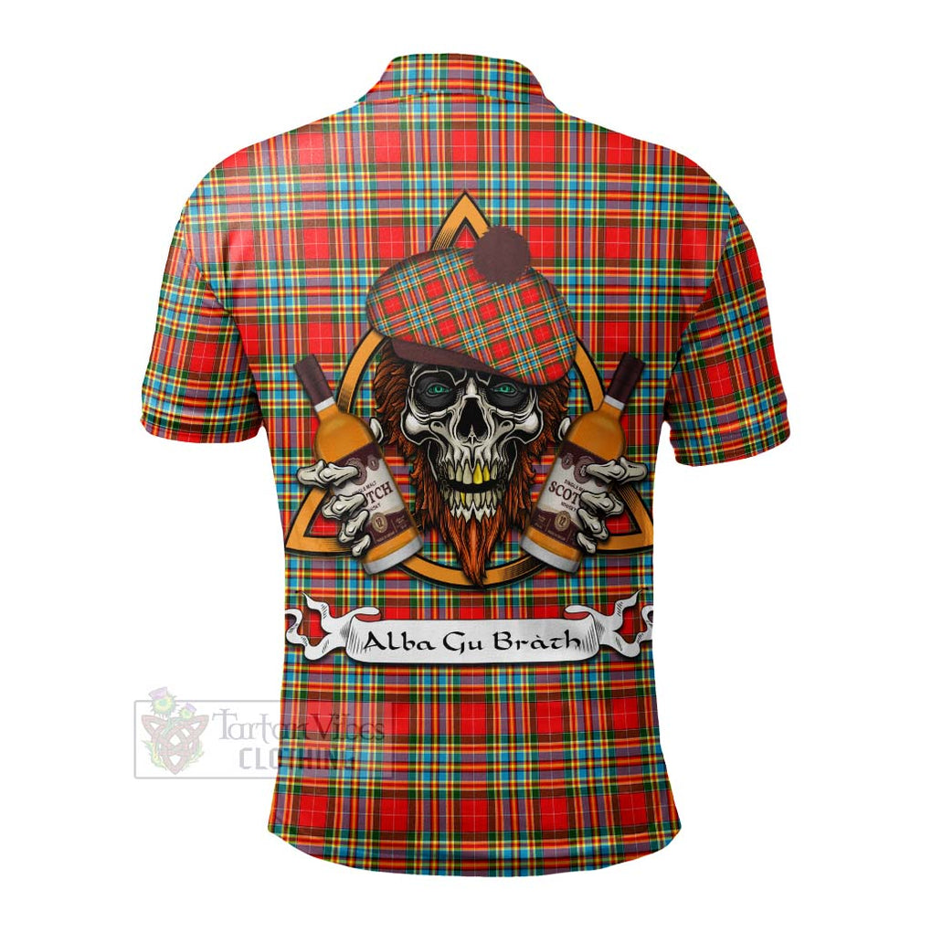 Tartan Vibes Clothing Chattan Tartan Polo Shirt with Family Crest and Bearded Skull Holding Bottles of Whiskey