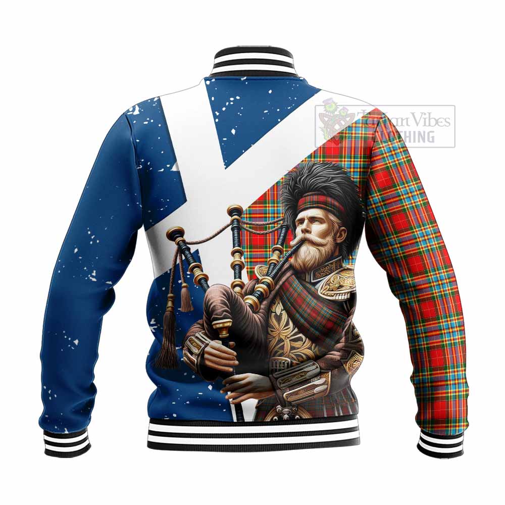 Tartan Vibes Clothing Chattan Tartan Baseball Jacket with Family Crest Scottish Bagpiper Vibes