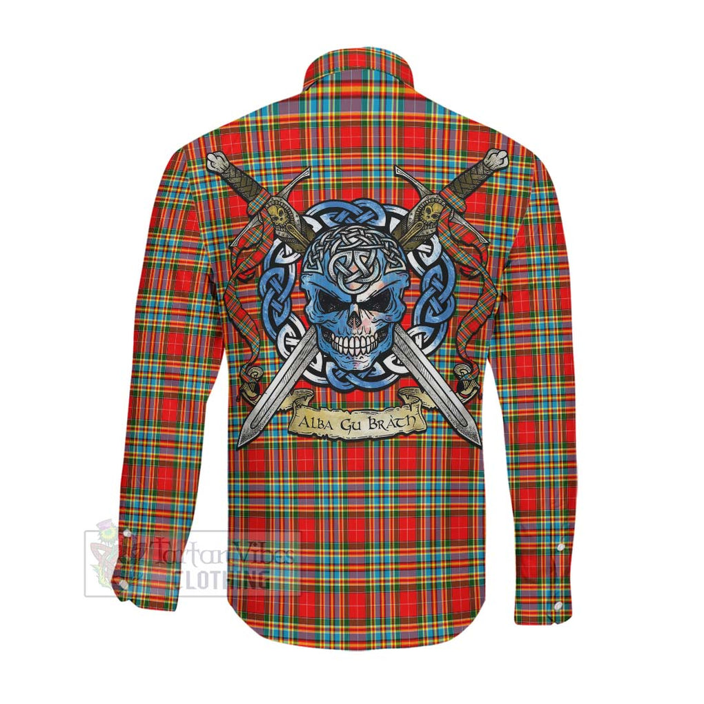 Tartan Vibes Clothing Chattan Tartan Long Sleeve Button Shirt with Family Crest Celtic Skull Style