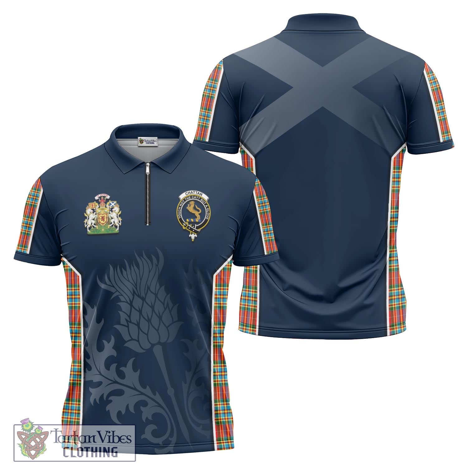 Tartan Vibes Clothing Chattan Tartan Zipper Polo Shirt with Family Crest and Scottish Thistle Vibes Sport Style