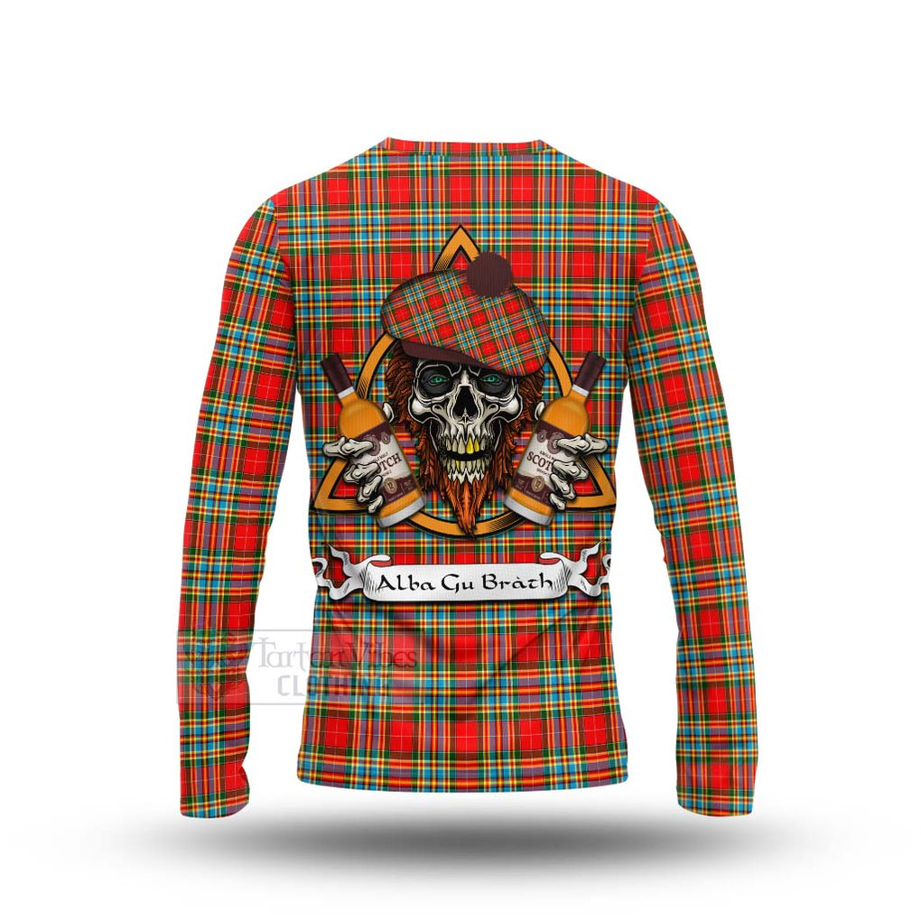 Tartan Vibes Clothing Chattan Tartan Long Sleeve T-Shirt with Family Crest and Bearded Skull Holding Bottles of Whiskey