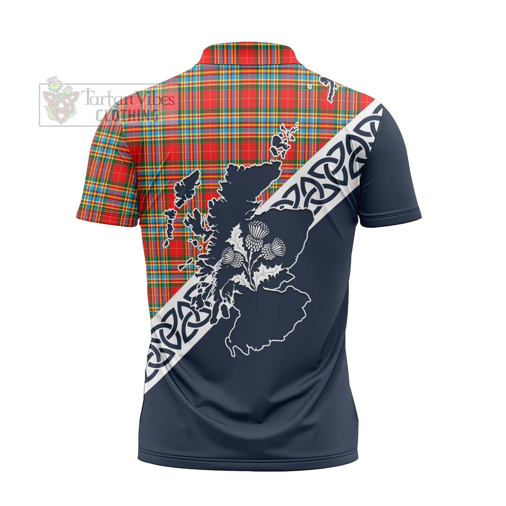 Tartan Vibes Clothing Chattan Tartan Zipper Polo Shirt Featuring Thistle and Scotland Map