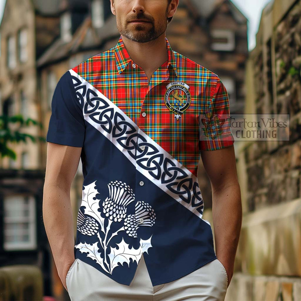 Tartan Vibes Clothing Chattan Tartan Short Sleeve Button Shirt Featuring Thistle and Scotland Map