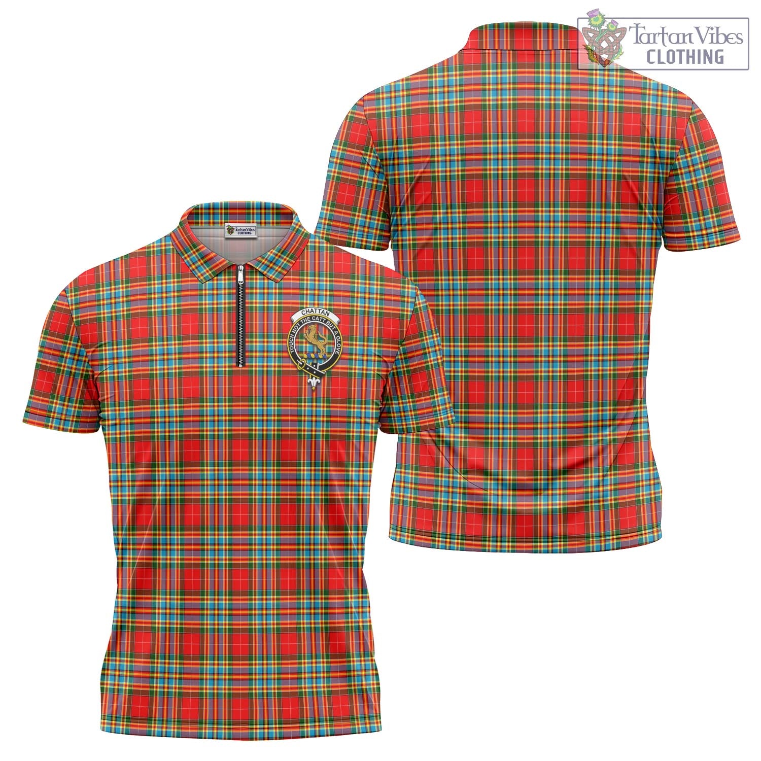 Tartan Vibes Clothing Chattan Tartan Zipper Polo Shirt with Family Crest