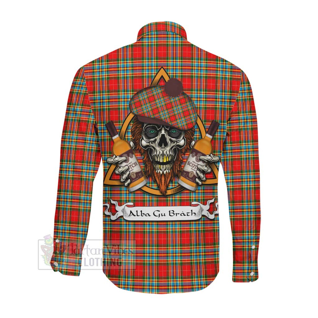 Tartan Vibes Clothing Chattan Tartan Long Sleeve Button Shirt with Family Crest and Bearded Skull Holding Bottles of Whiskey